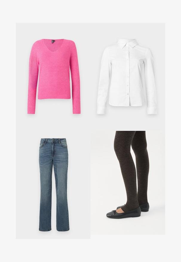 Pull en tricot rose avec un col en V, des manches longues, une texture côtelée et une coupe ample. Le matériau a une finition douce et légèrement brillante.; Chemise blanche à manches longues avec boutons, col pointu, ourlet droit et silhouette ajustée, présentée sur un fond clair uni.; Jean en denim droit bleu avec fermeture à bouton et zip à l'avant, poches avant et arrière, et un léger effet délavé.; Jambes portant des leggings côtelés foncés associés à des ballerines noires avec de petits détails en nœud sur fond blanc.