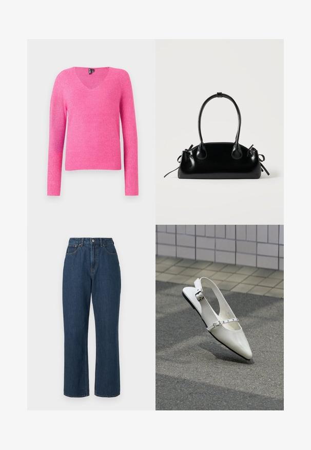 Pull en tricot rose avec un col en V, des manches longues, une texture côtelée et une coupe ample. Le matériau a une finition douce et légèrement brillante.; Jeans en denim bleu avec une taille haute, un design à jambes larges, des coutures visibles et une fermeture à un seul bouton à l'avant. Tissu texturé avec une finition lisse.; Chaussure plate slingback blanche pointue avec deux boucles argentées, présentée en extérieur sur un sol texturé et un mur carrelé en arrière-plan.; Petit sac à main noir brillant avec deux longues anses et des détails à cordon sur les côtés sur un fond clair uni.