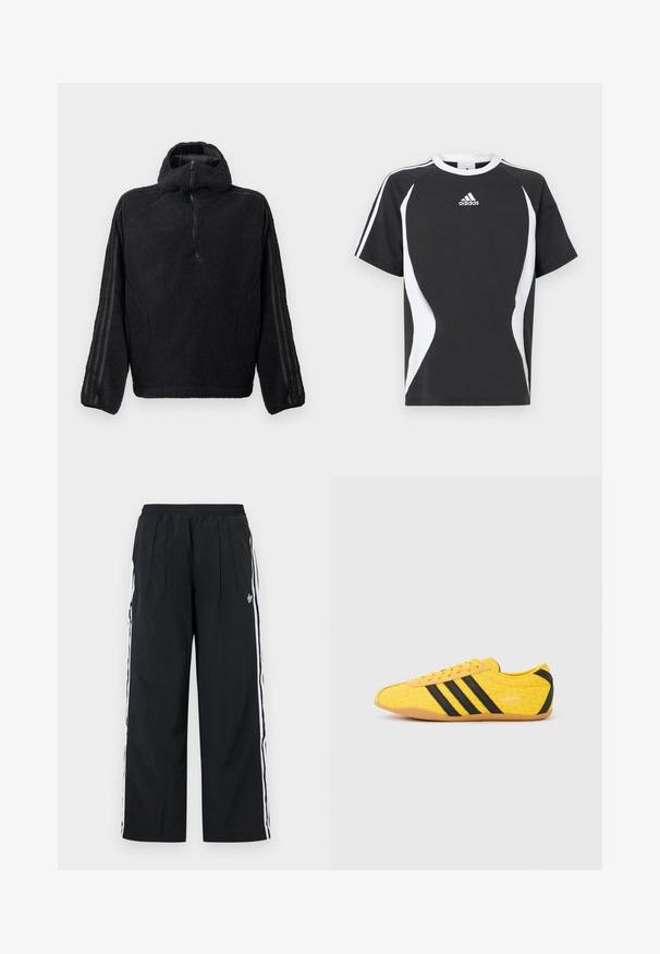 Sort fleece pullover med halvdækning lynlås krave, med en tekstureret ydre og sorte stribede detaljer på ærmerne.; Sort kortærmet T-shirt med hvide designdetaljer og Adidas-logo på brystet. Lavet af blødt bomuldsstof med rund hals.; Sorte bukser med vide ben og hvide striber på siden, elastisk talje, forreste læg og Adidas-logo på højre lår.; Gul atletiksko med en tekstureret overdel, der har sorte striber og logo. Rundt tå, blød sål og zigzag-mønster på materialet.