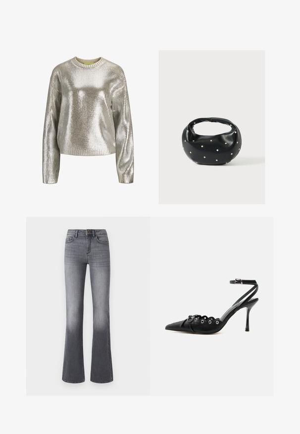 Pull en maille métallique argentée à manches longues et col rond, présentant une texture réfléchissante et brillante avec des poignets et un ourlet côtelés.; Jean flare taille haute en denim gris foncé, avec poches frontales, fermeture à bouton et légère décoloration vers l'ourlet.; Chaussure à talon haut noire à bout pointu, bords festonnés, œillets métalliques, lacets à l'avant et bride de cheville avec fermeture à boucle.; Sac à main en cuir noir de forme arrondie, décoré de clous argentés et équipé d'une poignée courte. Texture lisse et fermeture éclair.