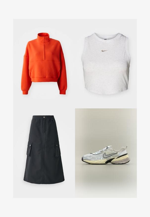 Sudadera corta de color naranja brillante con cuello alto simulado y media cremallera, con mangas amplias y una tela texturizada para mayor comodidad.; Top corto blanco hecho de una tela suave y texturizada. Presenta un cuello redondo y un diseño sin mangas, con un pequeño logotipo dorado de Nike en la parte delantera.; Falda negra a la mitad de la pantorrilla, elaborada con un tejido ligero, cuenta con una cinturilla elástica, dos bolsillos cargo y un sutil brillo.; Zapatilla Nike blanca y gris con parte superior de malla, logo swoosh negro, entresuela beige y suela negra sobre un fondo claro.
