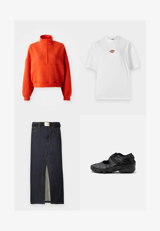 Helle orange, cropped Sweatshirt mit Stehkragen und halbem Reißverschluss, ausgestattet mit weiten Ärmeln und einem strukturierten Stoff für mehr Komfort.; Weißes T-Shirt mit kurzen Ärmeln und Rundhalsausschnitt, mit einem kleinen bunten Dickies-Logo in der Mitte der Brust vor einem einfarbigen Hintergrund.; Jeans-Midirock in Dunkelblau mit einem vorderen Schlitz. Mit gelben Nähten und einem schwarzen Gürtel mit silberner Schnalle. Schlichtes, gerades Design.; Schwarze sportliche Sandale mit geschlossenem Zehenbereich, Klettverschlüssen am Mittelfuß und an der Ferse sowie einer dicken gepolsterten Sohle mit der Aufschrift „AIR“ an der Seite.