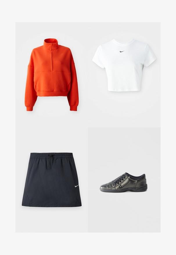 Un sweat-shirt cropped orange vif avec un col montant et une fermeture éclair demi-longueur, présentant des manches larges et un tissu texturé pour plus de confort.; T-shirt blanc court en coton, avec des manches courtes et un col rond, orné d'un logo Nike noir sur la poitrine.; Jupe de sport noire avec taille élastique et cordon de serrage ajustable, présentant un petit logo Nike swoosh blanc sur le côté droit.; Baskets Nike basses noires avec des lacets, des détails cousus et une semelle texturée sur un fond blanc uni.