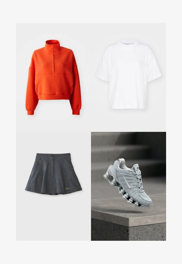 Sudadera corta de color naranja brillante con cuello alto simulado y media cremallera, con mangas amplias y una tela texturizada para mayor comodidad.; Camiseta de algodón blanca con cuello redondo, mangas cortas y un corte relajado. Presenta un logo sutil en el área del pecho izquierdo. Textura suave.; Mini falda gris hecha de tela texturizada, con cierre de botón en la cinturilla, que presenta dos bolsillos laterales y un sutil logo bordado en el dobladillo.; Zapatilla de running Nike de color gris claro con suela acolchada tipo muelle flotando sobre un borde de hormigón, fondo con escaleras desenfocadas.