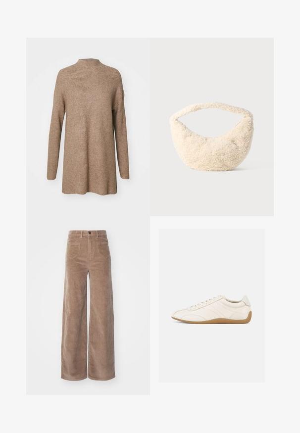 Pull en maille ribulée marron avec un col montant, des manches longues et une coupe décontractée. Fabriqué en matériau doux et texturé.; ONLY HOPE GLOBAL EBBA POCKETS - Pantalon classique - fossil; Baskets en cuir blanc à texture lisse, bout arrondi et coutures ton sur ton. Elles comportent une semelle en caoutchouc beige et une fermeture à lacets.; Sac de couleur crème avec une texture douce et duveteuse. Forme courbée et large sangle pour le porter. Design simple, sans matériel ou accents visibles.