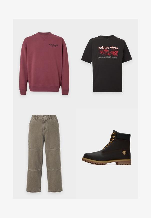 Sudadera de algodón color marrón con cuello redondo y puños acanalados. Presenta un logo negro impreso en el lado izquierdo del pecho. Textura suave.; Camiseta negra de corte holgado con gráficos abstractos de llamas rojas y texto "volcom stone" y "strange things happen" en el frente.; Pantalones cargo de algodón en un tono verde oliva apagado, con piernas anchas, acentos de doble costura y bolsillos laterales, que cuentan con un cierre de botón y trabillas para el cinturón.; Bota de cuero negro de tobillo con ojales dorados, acentos marrones y suela de goma. Presenta un cuello acolchado y un logotipo en relieve en el costado.