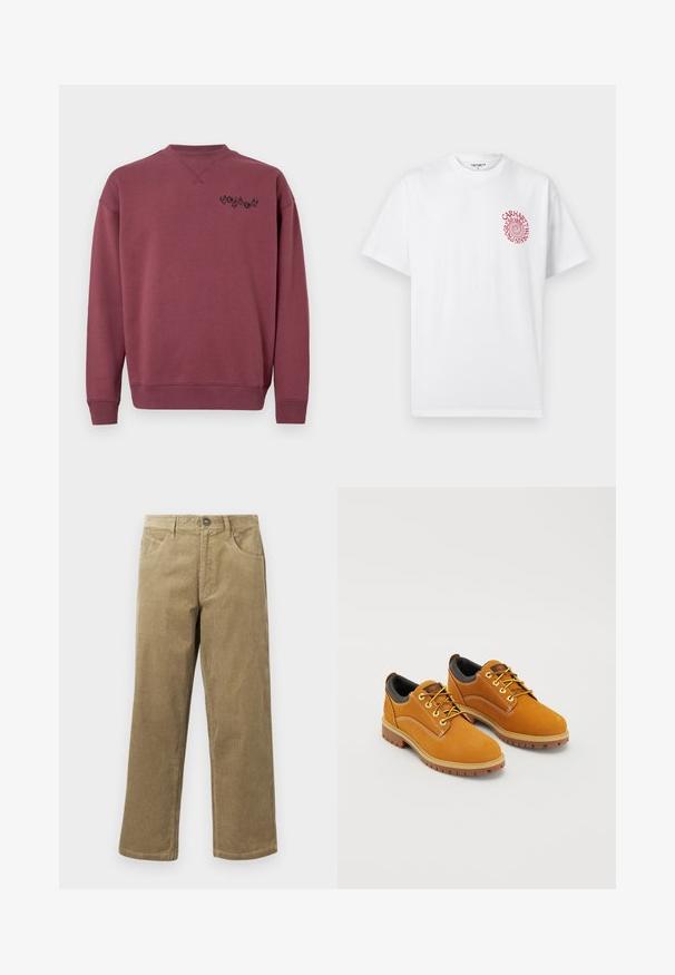 Sweatshirt en coton bordeaux avec un col rond et des poignets côtelés. Présente un logo noir imprimé sur la poitrine gauche. Texture lisse.; T-shirt blanc à manches courtes avec un petit texte en spirale rouge sur le côté gauche de la poitrine indiquant "Carhartt WIP" et "Est. 1889" dans un design circulaire.; Pantalon en velours côtelé marron clair, avec une coupe droite, cinq poches et une fermeture à bouton. Tissu texturé avec un léger effet de côtes.; Chaussures en daim marron avec un bout rond, des lacets jaunes, un col rembourré noir et des semelles en caoutchouc avec des rainures de traction.