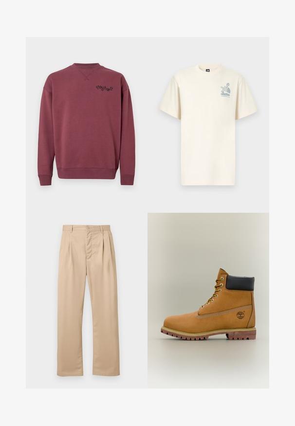 Sweatshirt en coton bordeaux avec un col rond et des poignets côtelés. Présente un logo noir imprimé sur la poitrine gauche. Texture lisse.; T-shirt en coton couleur crème à manches courtes, avec un logo graphique bleu de The North Face et le texte « Yosemite, CA » sur la poitrine.; Pantalon beige à jambes droites avec plis sur le devant, fermeture à boutons, passants pour ceinture, et tissu lisse sans plis.; Bottine en cuir marron avec col noir, lacets jaunes et semelle beige. Présente un logo et des détails de couture blanche. Semelle extérieure à traction robuste.
