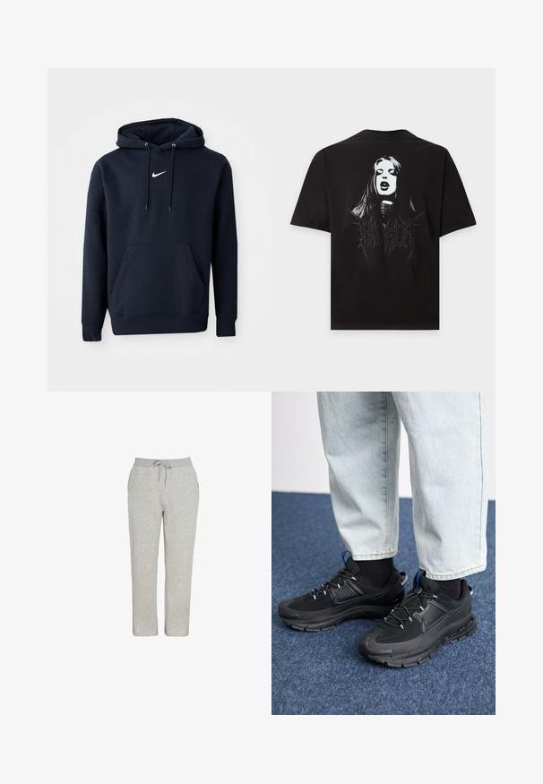 Navyblaue Kapuzenjacke aus einem Baumwollmischgewebe, ausgestattet mit einer Kängurutasche, verstellbarem Kordelzug an der Kapuze und einem weißen Nike-Logo auf der Brust.; Schwarzes T-Shirt mit einer monochromen Grafik einer Frau, die in ein Vintage-Mikrofon singt, und stilisiertem Text unter ihrem Gesicht.; Graue Jogginghose aus weichem Stoff mit elastischem Bund und Kordelzug, geradem Bein und ohne sichtbare Muster oder Akzente.; Schwarze Sportschuhe aus strukturiertem Stoff mit Gummisohlen, ausgestattet mit elastischen Schnürsenkeln und einem blauen Akzent an der Ferse. Getragen mit hellen Jeans.
