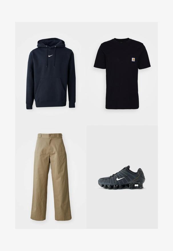 Navy blå hoodie lavet af en bomuldsblanding, med en kængurulomme, snørehuv og et hvidt Nike-logo på brystet.; Sort bomulds T-shirt med korte ærmer, rund hals og en brystlomme, der har et lille, kvadratisk logo-patch. Enkel, ensfarvet design.; Khaki bredde ben bukser lavet af bomuldsblandingsstof, med en enkelt knaplukning og synlige sidelommer. Glat tekstur, plisseret detalje.; Sort Nike-løbesko med hvid swoosh, polstret segmenteret sål og åndbart øverste meshdesign på ensartet grå baggrund.