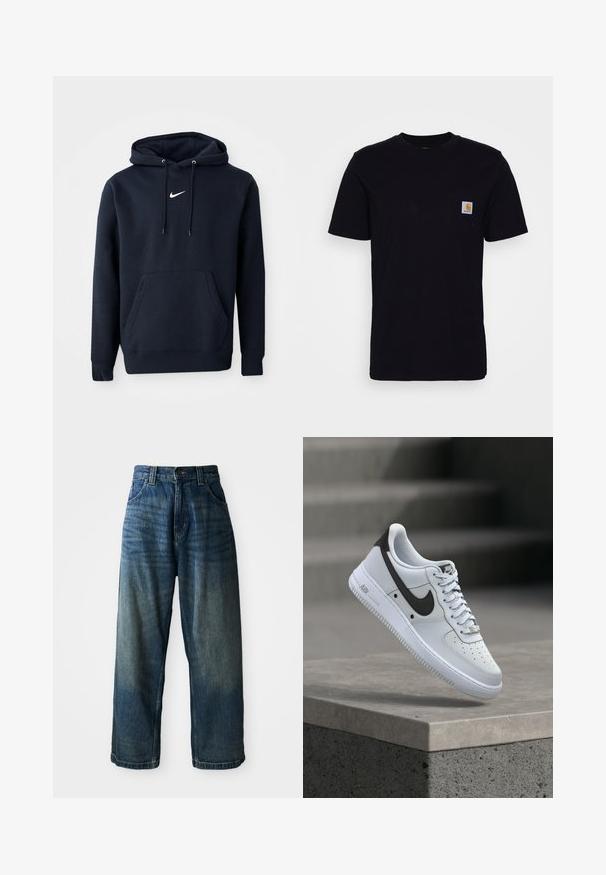 Námořnická modrá mikina s kapucí vyrobená z bavlněné směsi, obsahující klokaní kapsu, šňůrkovou kapuci a bílé logo Nike na hrudi.; Čierne bavlnené tričko s krátkymi rukávmi, okrúhlym výstrihom a náprsného vrecka s malou, štvorcovou nášivkou loga. Jednoduchý, jednoliaty dizajn.; Džínsové nohavice s širokými nohavicami v modrej farbe so zosvetleným povrchom. Obsahujú päť vreciek, zapínanie na gombík a kontrastné prešívanie. Tkanina je ťažká.; Biela teniska Nike Air Force 1 s čiernym logom Swoosh, vznášajúca sa nad betónovým okrajom s rozmazanými schodmi na pozadí.