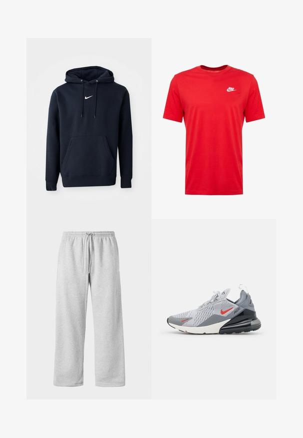Navyblaue Kapuzenjacke aus einem Baumwollmischgewebe, ausgestattet mit einer Kängurutasche, verstellbarem Kordelzug an der Kapuze und einem weißen Nike-Logo auf der Brust.; Rotes Baumwoll-T-Shirt mit Rundhalsausschnitt und kurzen Ärmeln, featuring ein weißes Nike-Logo auf der linken Brustseite. Glatte Textur und lässiges Design.; Hellgraue Jogginghose mit Kordelzugbund, aus weichem Baumwollmix, mit weitem Bein und glatter Textur. Keine sichtbaren Taschen.; Nike Air Max Schuh in grauem und weißem Mesh mit roten Akzenten. Gibt es mit einer auffälligen Luftpolstersohle und strukturierten Oberflächen.