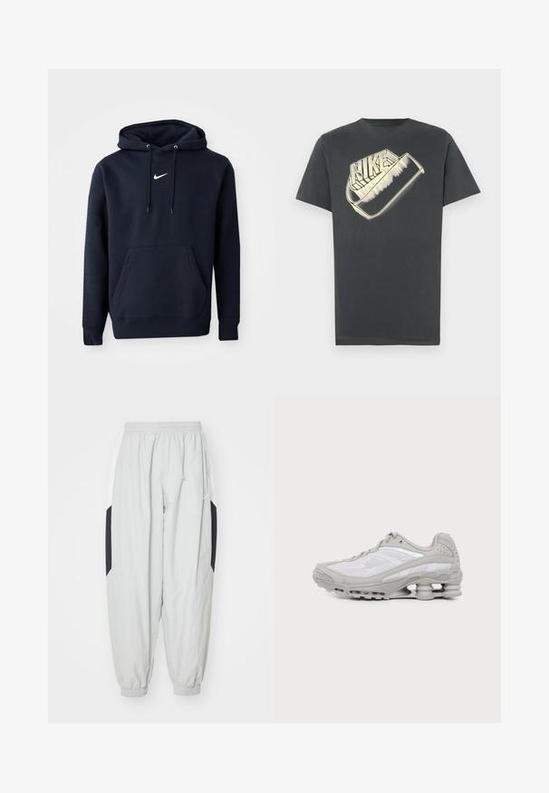 Sudadera azul marino hecha de una mezcla de algodón, con un bolsillo tipo canguro, capucha con cordón y un logo blanco de Nike en el pecho.; Camiseta de algodón gris oscuro con cuello redondo. Presenta un gran logo estilizado de "Nike" en un color más claro en la parte delantera.; Pantalones de chándal ligeros en gris claro, fabricados con material ligero, con cintura y puños elásticos, y paneles laterales en negro y blanco contrastantes.; Zapatilla deportiva gris y blanca con suela visible de amortiguación de aire y paneles de malla, mostrada de perfil sobre un fondo claro y sencillo.
