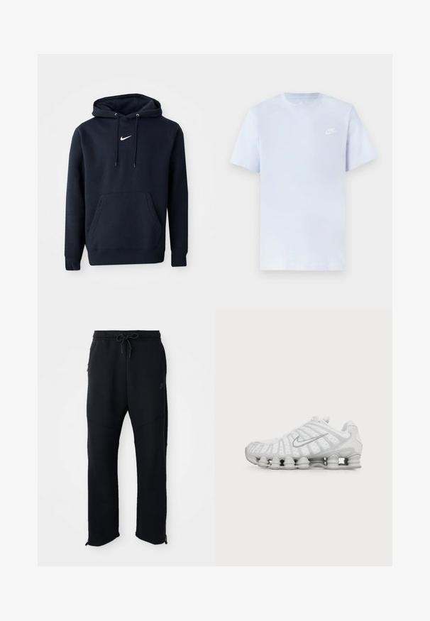 Navyblaue Kapuzenjacke aus einem Baumwollmischgewebe, ausgestattet mit einer Kängurutasche, verstellbarem Kordelzug an der Kapuze und einem weißen Nike-Logo auf der Brust.; Hellblaue Baumwoll-T-Shirt mit kurzen Ärmeln, Rundhalsausschnitt und einem weißen Nike-Logo, das auf der linken Brust gedruckt ist. Glatte Textur, schlichtes Design.; Schwarze Sporthose mit elastischem Bund und Kordelzug, seitlichen Taschen, schmal zulaufenden Beinen und Reißverschlüssen an den Knöcheln. Glatte Textur.; Weißer Nike Laufschuh mit sichtbarer luftgepolsterter Sohle und silbernem Swoosh-Logo an der Seite, von der Außenseite gezeigt.