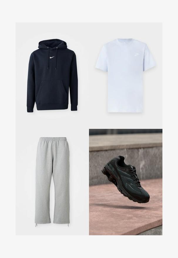 Navyblaue Kapuzenjacke aus einem Baumwollmischgewebe, ausgestattet mit einer Kängurutasche, verstellbarem Kordelzug an der Kapuze und einem weißen Nike-Logo auf der Brust.; Hellblaue Baumwoll-T-Shirt mit kurzen Ärmeln, Rundhalsausschnitt und einem weißen Nike-Logo, das auf der linken Brust gedruckt ist. Glatte Textur, schlichtes Design.; Graue Sweatpants mit einem elastischen Bund, geraden Beinen und Kordelzug-Akzenten am Saum. Hergestellt aus weichem, strukturierter Stoff.; Schwarzer athletischer Sneaker mit sichtbarer Air-Cushioning-Zwischensohle, der über einer rosa Steinoberfläche mit grauer Steinmauer im Hintergrund schwebt.