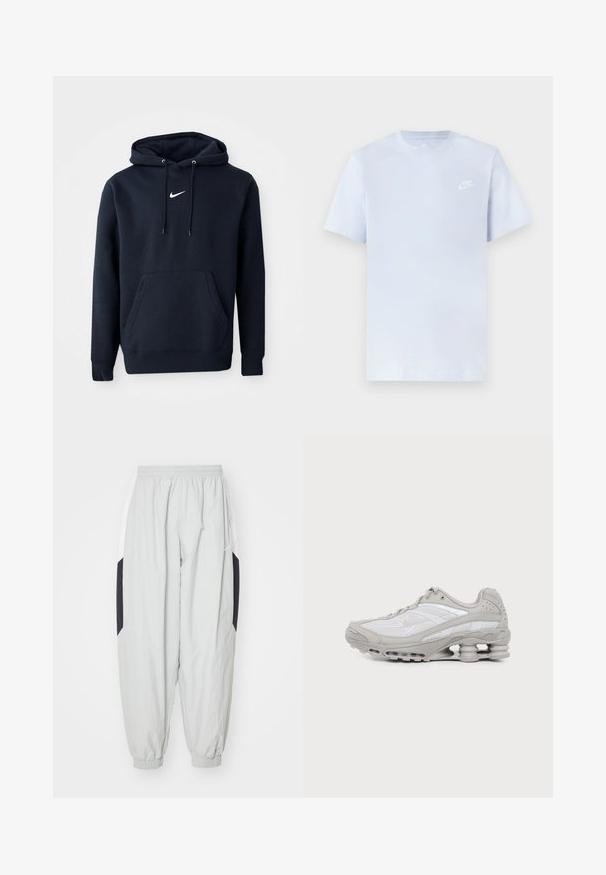 Navyblaue Kapuzenjacke aus einem Baumwollmischgewebe, ausgestattet mit einer Kängurutasche, verstellbarem Kordelzug an der Kapuze und einem weißen Nike-Logo auf der Brust.; Hellblaue Baumwoll-T-Shirt mit kurzen Ärmeln, Rundhalsausschnitt und einem weißen Nike-Logo, das auf der linken Brust gedruckt ist. Glatte Textur, schlichtes Design.; Hellgraue Jogginghose aus leichtem Stoff, mit elastischem Bund und Bündchen, sowie kontrastierenden schwarzen und weißen Seiteneinsätzen.; Grauer und weißer Sportschuh mit Mesh-Einsätzen, Schnürdesign und einer einzigartigen federähnlichen Sohle für Dämpfung und Unterstützung.