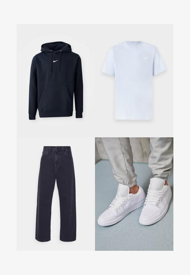 Navy blauwe hoodie gemaakt van een katoenmix, met een kangoeroezak, een verstelbare capuchon en een wit Nike-logo op de borst.; Lichtblauwe katoenen t-shirt met korte mouwen, ronde hals en een wit Nike-logo gedrukt op de linkerborst. Glad textuur, eenvoudig ontwerp.; Donker gewassen denim jeans met een wijde pasvorm, hoge taille en vijf-pocket ontwerp. Beschikt over een klassieke knoop- en ritssluiting.; Witte leren sneakers met een geperforeerde neus, platte veters, een gepolsterde kraag en het Jordan-logo op de tong. Gediend met grijze joggers.