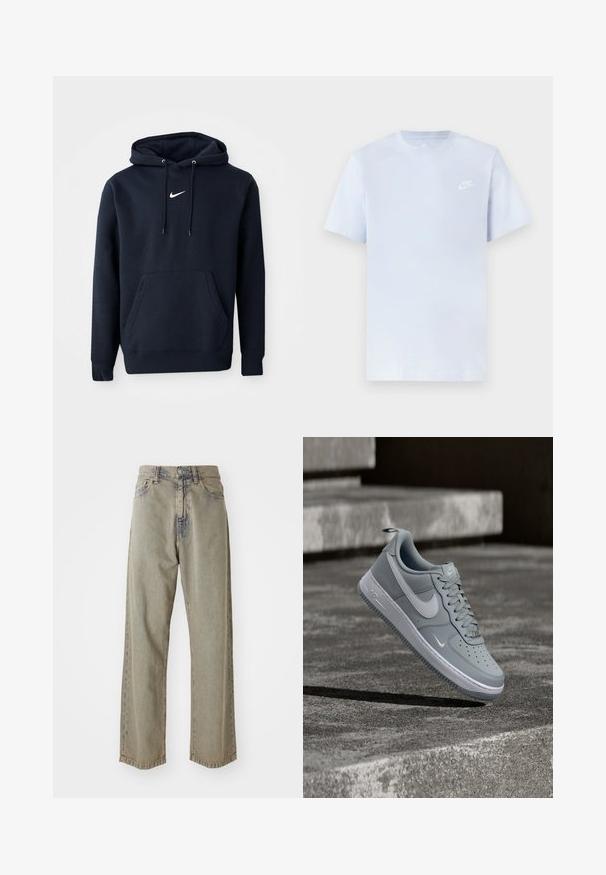 Navy sininen huppari, joka on valmistettu puuvillasekoitteesta. Siinä on kenguru-tasku, nyörihuppu ja valkoinen Nike-logo rinnassa.; Vaaleansininen puuvillainen t-paita lyhyillä hihoilla, pyöreä kaula-aukko ja valkoinen Nike-logo vasemmassa rinnassa. Suora pinta, yksinkertainen muotoilu.; Vaalean harmaat leveälahkeiset farkut, jotka on valmistettu denimmateriaalista. Farkuissa on haalistunut pinta, näkyvät saumat sekä perinteinen nappi- ja vetoketjukiinnitys.; Harmaa Nike Air Force 1 -tennari, jossa on valkoinen swoosh-logo, kelluu teksturoidun betonipinnan yläpuolella ja portaiden taustalla.