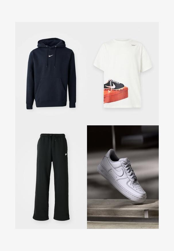 Navy blauwe hoodie gemaakt van een katoenmix, met een kangoeroezak, een verstelbare capuchon en een wit Nike-logo op de borst.; Witte T-shirt met korte mouwen en een zwarte Nike voetbalschoen gedrukt op een versleten rode schoenendoos bij de zoom, met een klein logo vlak bij de halslijn.; Zwarte sweatpants van zachte stof, met een elastische tailleband met verstelbaar trekkoord en een klein logoaccent aan de zijkant.; Witte Nike Air Force 1 sneaker van leer met geperforeerde neus, platte veters en een gestructureerde rubberen zool met "AIR"-logo aan de zijkant.