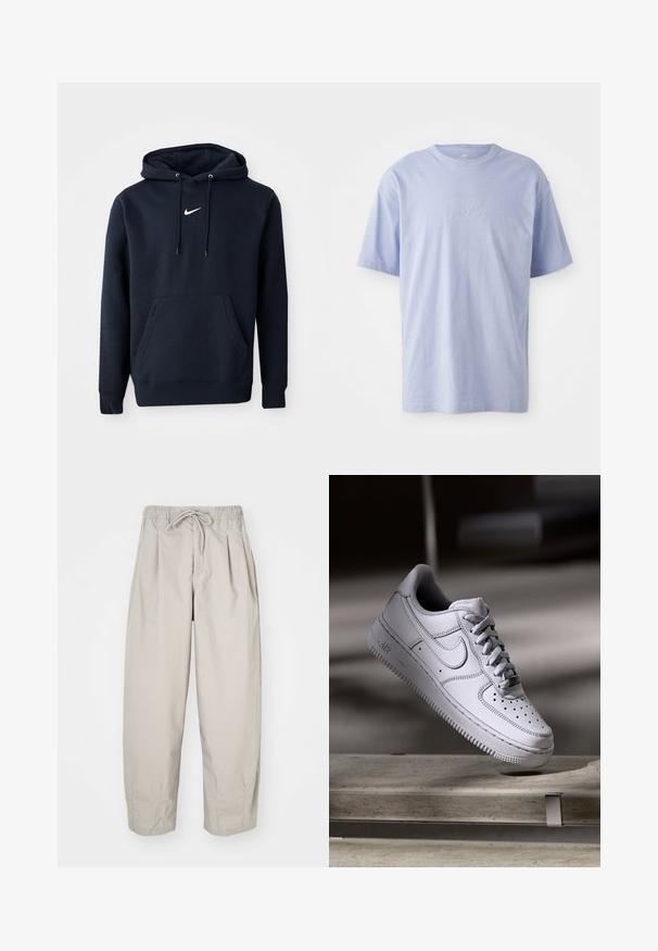 Námořnická modrá mikina s kapucí vyrobená z bavlněné směsi, obsahující klokaní kapsu, šňůrkovou kapuci a bílé logo Nike na hrudi.; Svetlomodré bavlnené tričko s okrúhlym výstrihom a krátkymi rukávmi. Má vystúpené logo "nike" v strede prednej časti. Mäkkučký materiál.; Béžové, ľahké nohavice s elastickým pásom a šnúrkou na stiahnutie. Obsahujú plisovanie a voľný strih, vyrobené z mäkkej, hladkej tkaniny.; Biely kožený teniska Nike Air Force 1 má perforovanú špičku, ploché šnúrky a štruktúrovanú gumovú podrážku s nápisom „AIR“ na boku.
