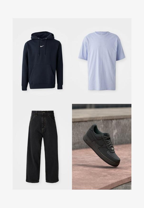 Navyblaue Kapuzenjacke aus einem Baumwollmischgewebe, ausgestattet mit einer Kängurutasche, verstellbarem Kordelzug an der Kapuze und einem weißen Nike-Logo auf der Brust.; Hellblaues Baumwoll-T-Shirt mit Rundhalsausschnitt und kurzen Ärmeln. Mit einem geprägten "Nike"-Logo auf der Vorderseite in der Mitte. Weicher Stoff.; Schwarze, weit geschnittene Jeans mit hoher Taille, vorderem Knopf, Reißverschluss und gelben Nähten an Taschen und Nähten.; Schwarzer Nike Air Force 1 Sneaker, der über einer glatten Steinoberfläche mit einer Steinmauer im Hintergrund schwebt.