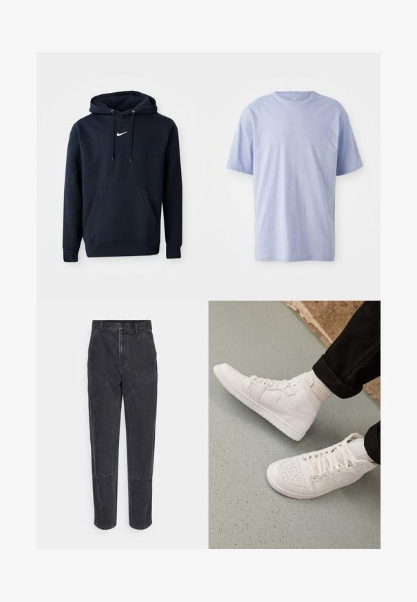 Navyblaue Kapuzenjacke aus einem Baumwollmischgewebe, ausgestattet mit einer Kängurutasche, verstellbarem Kordelzug an der Kapuze und einem weißen Nike-Logo auf der Brust.; Hellblaues Baumwoll-T-Shirt mit Rundhalsausschnitt und kurzen Ärmeln. Mit einem geprägten "Nike"-Logo auf der Vorderseite in der Mitte. Weicher Stoff.; Schwarze Denim-Jeans mit hoher Taille, geradem Bein und großen frontalen Taschen. Mit kontrastierenden Nähten und ohne sichtbare Logos.; Weisse High-Top-Sneaker aus glattem Leder mit perforierter Zehenpartie, Schnürverschluß und dezentem Logodetail an der Seite. Strukturierte Gummisohle.