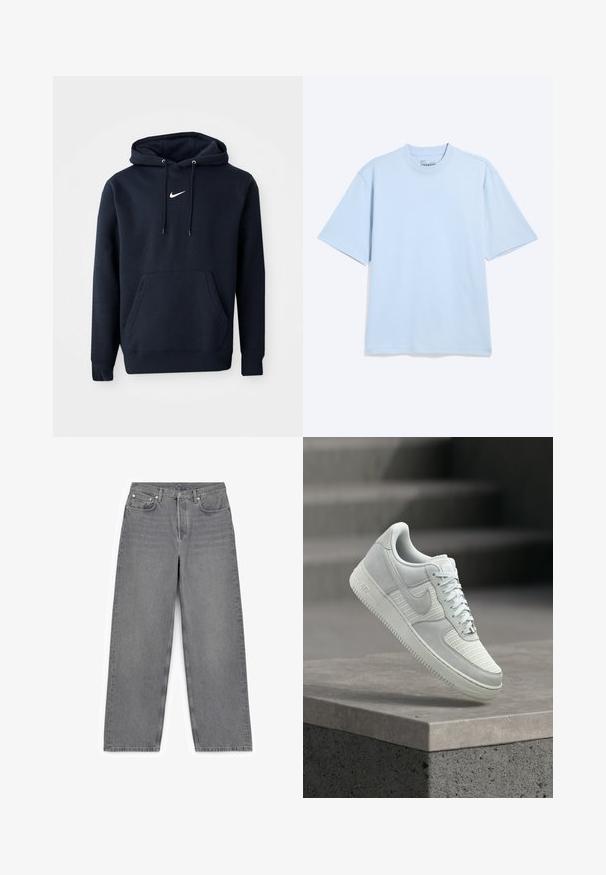 Navy blå hoodie lavet af en bomuldsblanding, med en kængurulomme, snørehuv og et hvidt Nike-logo på brystet.; Lyseblå t-shirt med korte ærmer og rund hals med en afslappet pasform, vist mod en ensfarvet, lys baggrund.; Grå bredbenede jeans lavet af denim, med et klassisk fem-lommers design, metalknaplukning og diskret syning.; Hvid Nike Air Force 1 sneaker med mesh og læderpaneler, snørebånd bundet, svævende over en betonrækværk mod en sløret baggrund af trapper.