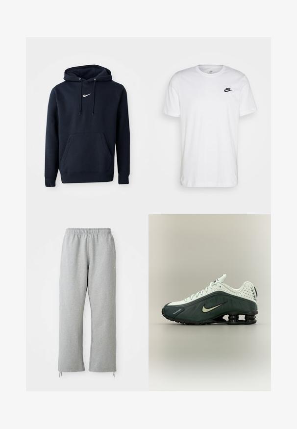 Navyblaue Kapuzenjacke aus einem Baumwollmischgewebe, ausgestattet mit einer Kängurutasche, verstellbarem Kordelzug an der Kapuze und einem weißen Nike-Logo auf der Brust.; Weißes Baumwoll-T-Shirt mit Rundhalsausschnitt, kurzen Ärmeln und einem schwarzen Nike-Logo auf der linken Brust. Einfaches, einfarbiges Design.; Graue Sweatpants mit einem elastischen Bund, geraden Beinen und Kordelzug-Akzenten am Saum. Hergestellt aus weichem, strukturierter Stoff.; Weißer und dunkelgrüner Nike-Sneaker mit schwarzer, federartiger Sohle und Schnürsenkeln, seitlich auf neutralem Hintergrund dargestellt.