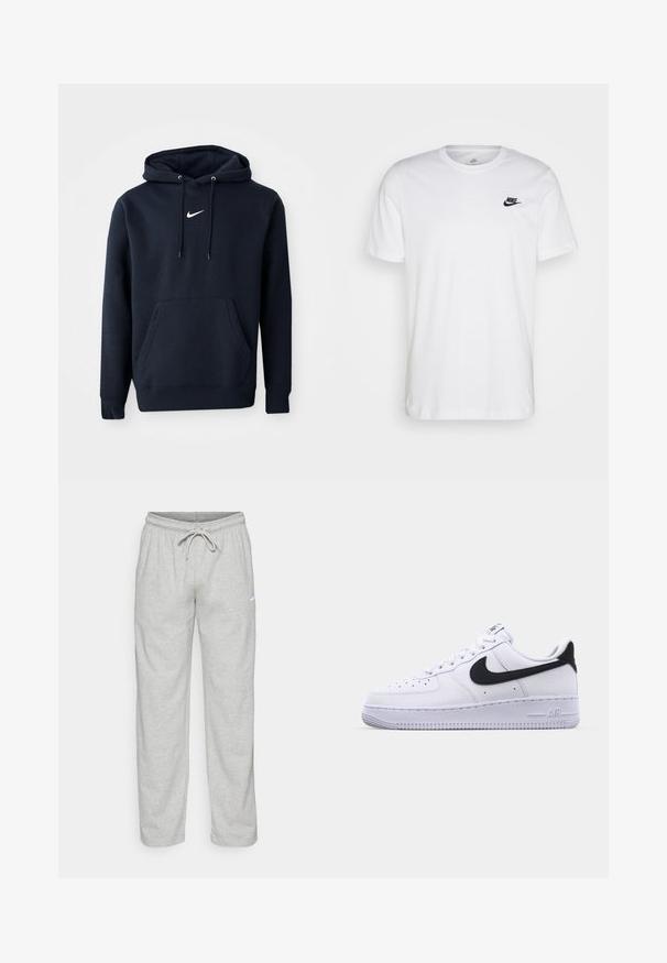 Navy blå hoodie lavet af en bomuldsblanding, med en kængurulomme, snørehuv og et hvidt Nike-logo på brystet.; Hvid bomulds T-shirt med rund hals, korte ærmer og et sort Nike-logo på venstre bryst. Enkel, ensfarvet design.; Lys grå sweatpants lavet af blødt stof. Har en elastisk talje med snøre og Nike-logo i sort på venstre lår.; Hvide lædersneakers med en struktureret sort Swoosh, flade snørebånd og en gummisål med et rillemønster. "AIR" er præget på hælen.