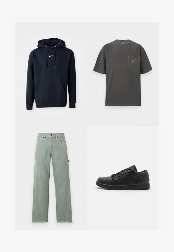 Navy sininen huppari, joka on valmistettu puuvillasekoitteesta. Siinä on kenguru-tasku, nyörihuppu ja valkoinen Nike-logo rinnassa.; Tummanharmaa lyhythihainen t-paita pyöreällä kaula-aukkolla ja rinnassa tasku, jossa on pieni suorakaiteen muotoinen Carhartt-logo.; Vaaleanvihreät leveälahkeiset farkut denimiä, joissa on klassinen viiden taskun muotoilu ja hienovaraiset kulutusyksityiskohdat.; Musta nahkakengät matalalla varrella, joissa on reikäpunokset kärjessä, litteät nauhat, pehmustettu nilkka ja teksturoitu pohja. Lopputuloksena on huomaamaton logo kantapäässä.