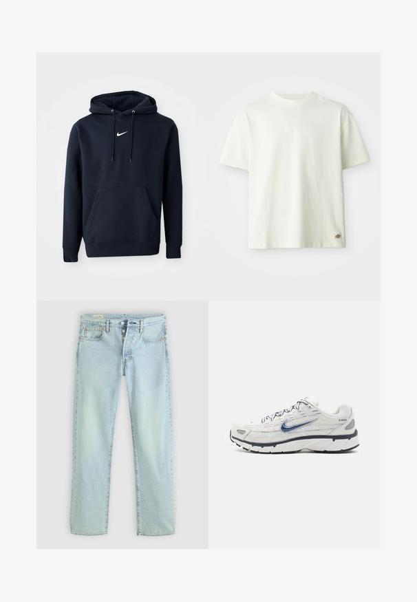 Navy blå hoodie lavet af en bomuldsblanding, med en kængurulomme, snørehuv og et hvidt Nike-logo på brystet.; Hvid bomulds T-shirt med rund hals, korte ærmer og en afslappet pasform. Har et lille logotag i siden. Glat tekstur.; Lyseblå denimjeans med lige pasform, fem lommer, knapgylp og subtil falming. Har syninger og kobbernitter som detaljer.; Nike Sportswear P 6000 UNISEX - Sneakers - phantom/obsidian/summit white/white/black/metallic silver