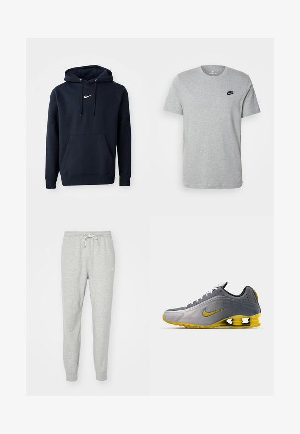 Námořnická modrá mikina s kapucí vyrobená z bavlněné směsi, obsahující klokaní kapsu, šňůrkovou kapuci a bílé logo Nike na hrudi.; Sivý krátky rukáv T-shirt vyrobený z bavlny, s čiernym logom Nike na hrudi a okrúhlym výstrihom. Minimalistický dizajn bez vzorov.; Sivé tepláky vyrobené z mäkkého materiálu s elastickým pásom, so šnúrkou na stiahnutie a rebrovanými manžetami. Obsahujú malé logo na boku.; Nike Sportswear SHOX R4 SE UNISEX - Tenisky - vast grey/bright citron/light graphite/smoke grey/white/black