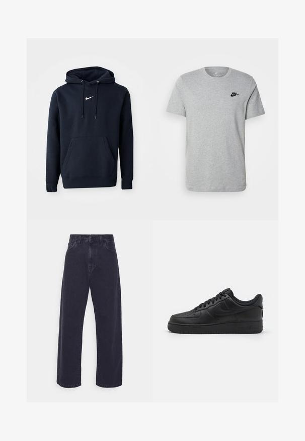 Navyblaue Kapuzenjacke aus einem Baumwollmischgewebe, ausgestattet mit einer Kängurutasche, verstellbarem Kordelzug an der Kapuze und einem weißen Nike-Logo auf der Brust.; Graues T-Shirt mit kurzen Ärmeln aus Baumwolle, mit einem schwarzen Nike-Logo auf der Brust und einem runden Ausschnitt. Minimalistisches Design ohne Muster.; Dunkelblaue Jeans mit weitem Bein, hoher Taille und Fünf-Taschen-Design. Mit einer klassischen Knopf- und Reißverschlussöffnung ausgestattet.; Nike Sportswear AIR FORCE 1 07 FLYEASE - Sneaker low - black
