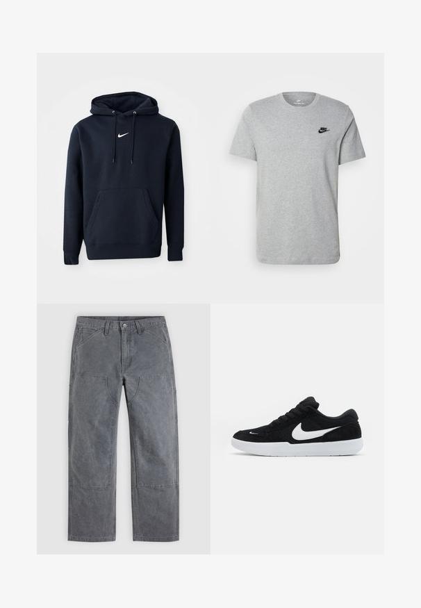 Tumed sinine kapuutsiga sviiter, mis on valmistatud puuvillase segu kangast, millel on känguru tasku, tõmbestringiga kapuuts ja valge Nike logo rinnal.; Halli lühikeste varrukatega T-särk, mis on valmistatud puuvillast ja millel on rinnal must Nike'i logo ning ümar kaelus. Minimalistlik disain, ilma mustriteta.; Hallid sirgete säärtega püksid tugevdatud põlvepadjade, esitaskute ja vööaasadega, kuvatud tasapinnaliselt ühevärvilisel taustal.; Musta sametist spordikingad valgete detailidega, ümmarguse varbaga, paksu valge tallaga ja mustade paeltega. Eeskujulik valge Nike logo küljes.