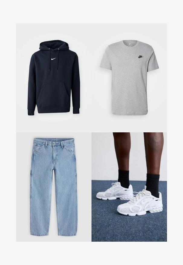 Námořnická modrá mikina s kapucí vyrobená z bavlněné směsi, obsahující klokaní kapsu, šňůrkovou kapuci a bílé logo Nike na hrudi.; Sivý krátky rukáv T-shirt vyrobený z bavlny, s čiernym logom Nike na hrudi a okrúhlym výstrihom. Minimalistický dizajn bez vzorov.; Svetlomodré rifle rovného strihu s predným gombíkom, zipsom, pútkami na opasok a šikmými prednými vreckami na jednofarebnom pozadí.; Biele športové topánky s priedušnou sieťovinou, textúrovanými akcentmi a polstrovanou podrážkou. Kombinované s čiernymi rebrovanými členkovými ponožkami na modrom kobercovom povrchu.