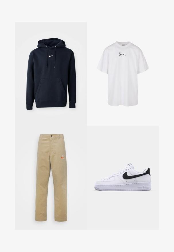 Navyblaue Kapuzenjacke aus einem Baumwollmischgewebe, ausgestattet mit einer Kängurutasche, verstellbarem Kordelzug an der Kapuze und einem weißen Nike-Logo auf der Brust.; Weißes Baumwoll-T-Shirt mit rundem Halsausschnitt und kurzen Ärmeln, mit einem schwarz gestickten Logo, das in der Mitte der Brust platziert ist.; Nike Sportswear TREND PANT - Stoffhose - khaki/team orange/khaki; Weißes Leder-Sneaker mit einem strukturierten schwarzen Swoosh, flachen Schnürsenkeln und einer Gummisohle mit genoppetem Muster. "AIR" ist auf der Ferse eingeprägt.