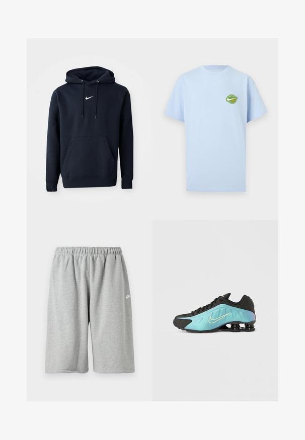 Navy blå hoodie lavet af en bomuldsblanding, med en kængurulomme, snørehuv og et hvidt Nike-logo på brystet.; Lyseblå T-shirt med korte ærmer og et lille grønt rundt logo med hvid og orange tekst på venstre bryst.; Grå bomuldsshorts med elastik i taljen, med løs pasform og et lille hvidt logo nær kanten. Glat tekstur, længde over knæet.; Sort sneaker med et gradientturkis design, der har en gylden logo, tekstureret overflade og karakteristisk polstring ved sålen.
