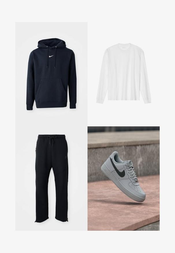 Sudadera azul marino hecha de una mezcla de algodón, con un bolsillo tipo canguro, capucha con cordón y un logo blanco de Nike en el pecho.; Camiseta blanca de algodón de manga larga con cuello redondo, con puños acanalados y dobladillo recto, textura suave y diseño minimalista.; Pantalones deportivos negros con cinturilla elástica y cordón, con bolsillos laterales, piernas ajustadas y cremalleras en los tobillos. Textura suave.; Zapatilla Nike Air Force 1 gris con el logo swoosh negro, suela blanca y cordones, mostrada en el aire sobre una superficie de concreto.