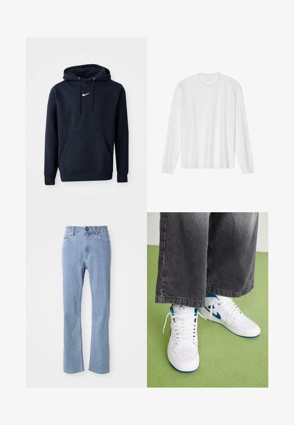 Námořnická modrá mikina s kapucí vyrobená z bavlněné směsi, obsahující klokaní kapsu, šňůrkovou kapuci a bílé logo Nike na hrudi.; Biele bavlnené tričko s dlhým rukávom a okrúhlym výstrihom, s rebrovanými manžetami a rovný lemom, hladkou textúrou a minimalistickým dizajnom.; Svetlomodré džínsy s rovnými nohavicami, päť vrecúškovým štýlom, s jedným gombíkom na uzatvorenie a jemným efektom blednutia.; Biele vysoké tenisky s modrými akcentmi, perforovanou špičkou a bielymi šnúrkami. Nosené s voľnými šedými džínsami na zelenej ploche.