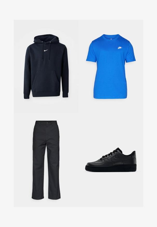 Navy blå hoodie lavet af en bomuldsblanding, med en kængurulomme, snørehuv og et hvidt Nike-logo på brystet.; Blå bomulds T-shirt med rund halsudskæring, korte ærmer og et hvidt Nike-logo på venstre brystområde. Glat tekstur og almindelig pasform.; Sorte cargo bukser med lige ben i designet, der har sidelommer og et tekstureret stof. Knaplukning i taljen for en sikker pasform.; Sort Nike Air Force 1 sneaker med en glat læderoverdel, perforeret tå for åndbarhed, sorte snørebånd og en textured gummisål.