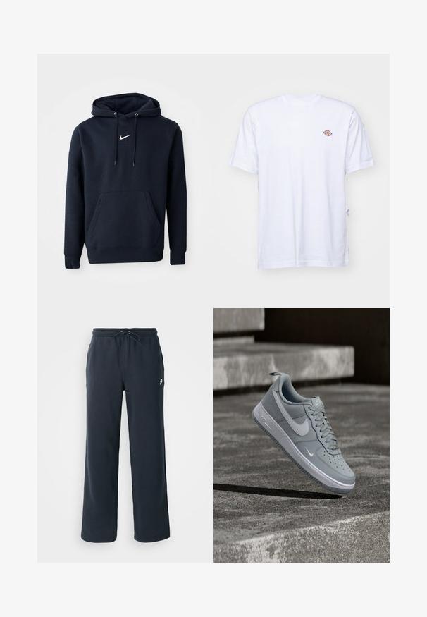 Námořnická modrá mikina s kapucí vyrobená z bavlněné směsi, obsahující klokaní kapsu, šňůrkovou kapuci a bílé logo Nike na hrudi.; Biela bavlnená tričko s výstrihom do V a krátkymi rukávmi. Má malé farebne vyšívané logo na ľavej strane hrudi. Mäkká textúra.; Tmavomodré tepláky s elastickým pásom a šnúrkou. Vyrobené z mäkkej látky, s malým bielym logom na ľavom boku.; Šedý teniska Nike Air Force 1 s bielym logom swoosh, vznášajúci sa nad textúrovaným betónovým povrchom a schodmi v pozadí.