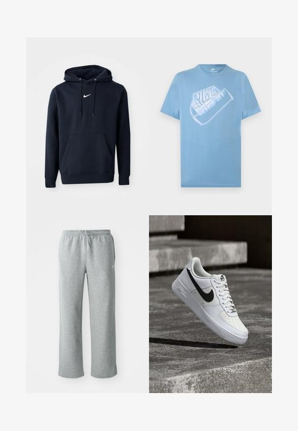 Navy blauwe hoodie gemaakt van een katoenmix, met een kangoeroezak, een verstelbare capuchon en een wit Nike-logo op de borst.; Lichtblauw Nike T-shirt met korte mouwen en een groot gestileerd wit Nike-logo en swoosh-beeld op de borst.; Grijze katoenen sweatpants met een elastische tailleband, trekkoordsluiting en rechte pijpen. Bevat een klein logo op de bovenste linkerkant.; Witte Nike Air Force 1 sneaker met zwarte swoosh, veters gestrikt, zwevend in de lucht boven een gestructureerd betonnen oppervlak buiten.