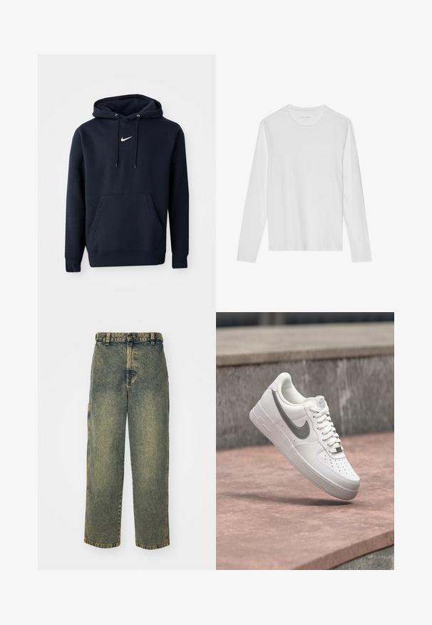 Navy blauwe hoodie gemaakt van een katoenmix, met een kangoeroezak, een verstelbare capuchon en een wit Nike-logo op de borst.; Wit T-shirt met lange mouwen gemaakt van zacht katoen, met een ronde halslijn en een gladde textuur zonder zichtbare patronen of accenten.; Baggy denim jeans in een vervaagde blauwe en groene was. Heeft een knoopsluiting, riemlussen en zijzakken. Vlakke voorkant en rechte pijpen.; Witte Nike Air Force 1 sneaker met grijs swoosh-logo zwevend boven een stenen oppervlak en een grijze stenen muur op de achtergrond.