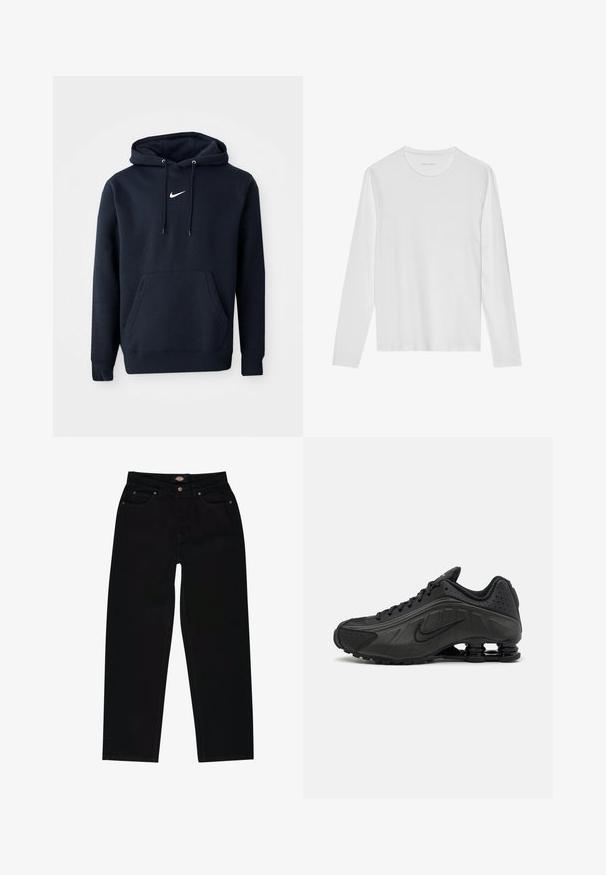 Navy blauwe hoodie gemaakt van een katoenmix, met een kangoeroezak, een verstelbare capuchon en een wit Nike-logo op de borst.; Wit T-shirt met lange mouwen gemaakt van zacht katoen, met een ronde halslijn en een gladde textuur zonder zichtbare patronen of accenten.; Zwarte denim jeans met een rechte pasvorm, voorzien van vijf zakken, bruine stiksels en een ritssluiting. Laatste textuur en duurzaam materiaal.; Zwarte hardloopschoenen met een glad bovenwerk van synthetisch materiaal, geperforeerde accenten, gestructureerde zijpanelen en een opvallende veerkrachtige zool.
