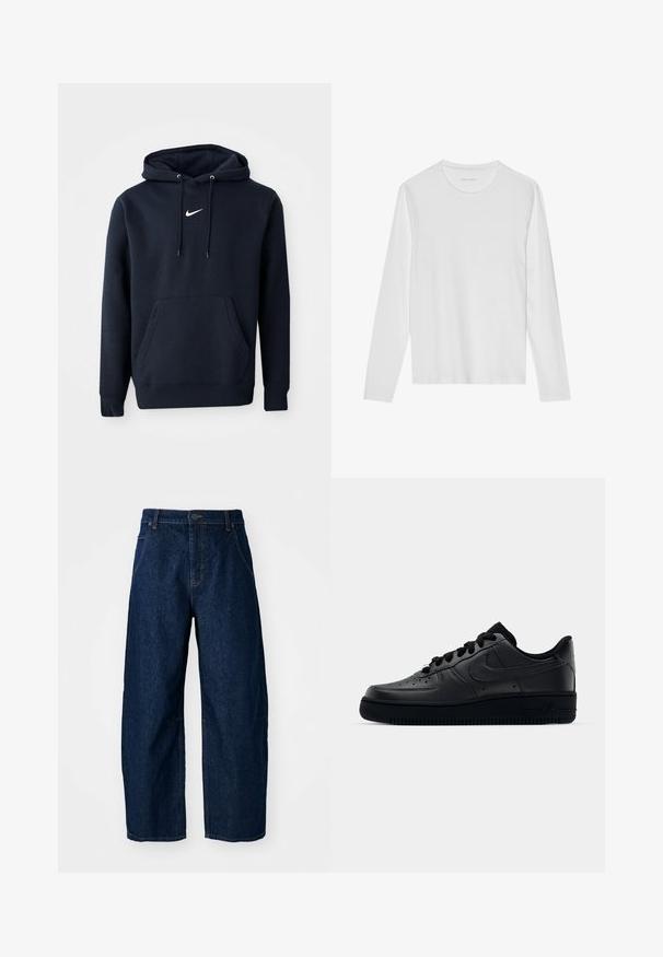 Námořnická modrá mikina s kapucí vyrobená z bavlněné směsi, obsahující klokaní kapsu, šňůrkovou kapuci a bílé logo Nike na hrudi.; Biele tričko s dlhým rukávom vyrobené z jemnej bavlny, s okrúhlym výstrihom a hladkou textúrou bez viditeľných vzorov či doplnkov.; Široké nohavice z tmavého denimu s vysokým pásom, obsahujúce päť vreciek, predné zapínanie na gombík a viditeľné švy.; Čierne tenisky Nike Air Force 1 s hladkým koženým zvrškom, perforovanou špičkou pre priedušnosť, čiernymi šnúrkami a textúrovanou gumovou podrážkou.