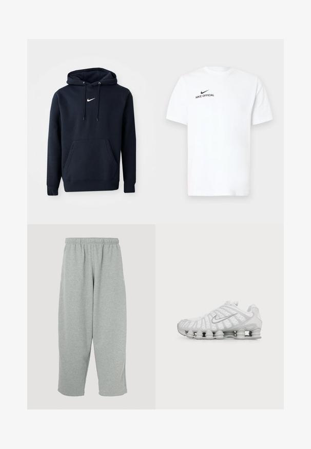 Navy sininen huppari, joka on valmistettu puuvillasekoitteesta. Siinä on kenguru-tasku, nyörihuppu ja valkoinen Nike-logo rinnassa.; Valkoinen lyhythihainen puuvillainen T-paita. Vasemmassa rinnassa musta "Nike Official" -logo ja musta swoosh-logo.; Vaaleanharmaat collegehousut, joissa on joustava vyötärönauha, kapeneva lahjemalli ja pehmeä materiaali. Ei näkyvää brändäystä tai kuoseja.; Valkoinen Nike-tennari, jossa on erottuva aaltoileva muotoilu ja kevyt vaimennus pohjassa, sivulta katsottuna yksivärisellä taustalla.