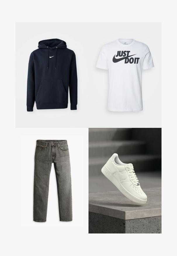 Navy blå hoodie lavet af en bomuldsblanding, med en kængurulomme, snørehuv og et hvidt Nike-logo på brystet.; Hvid bomulds T-shirt med et fremtrædende sort "Just Do It" logo og Nike swoosh. Klassisk crew neck design med korte ærmer.; Grå denim jeans med lige ben-design, klassisk fem-lomme stil og diskret sømdetaljer på sømme og lommer.; Hvid lædersneaker med lavprofildesign, tekstureret overflade, perforeringer på tåen og sølvfarvede detaljer på snørebånd og mærkning.
