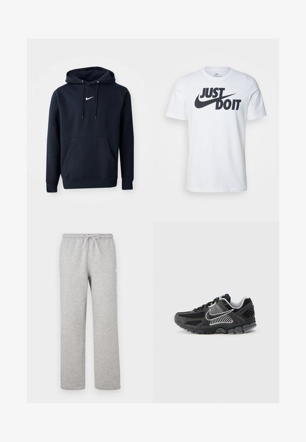 Námořnická modrá mikina s kapucí vyrobená z bavlněné směsi, obsahující klokaní kapsu, šňůrkovou kapuci a bílé logo Nike na hrudi.; Biely bavlnený tričko s výrazným čiernym logom "Just Do It" a Nike swoosh. Klasický strih s okrúhlym výstrihom a krátkymi rukávmi.; Šedé teplákové nohavice s elastickým pásom a šnúrkou. Vyrobené z mäkkej látky, majú rovné nohavice a jemný logotyp.; Čierna športová obuv s panelmi z sieťoviny a syntetickými detailmi. Má zaoblenú špičku, hrubú odpruženú podrážku a kontrastné biele logo.