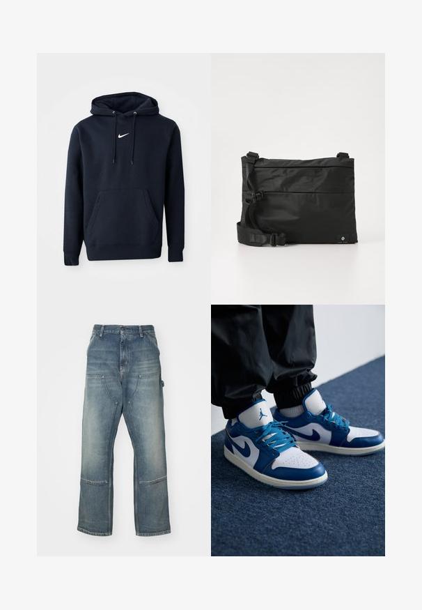 Námořnická modrá mikina s kapucí vyrobená z bavlněné směsi, obsahující klokaní kapsu, šňůrkovou kapuci a bílé logo Nike na hrudi.; Svetlo modré džiny s voľným strihom, vyrobené z denimu. Majú široké nohavice, veľké predné vrecká a kontrastné švy.; Nike Air Jordan tenisky majú bielu koženú základňu s modrými syntetickými akcentmi, perforovanou špičkou a modrými šnúrkami.; Čierna nylonová taška cez rameno s nastaviteľným popruhom, plochým dizajnom a bočnou nálepkou s logom. Hladká textúra a minimalistický štýl.