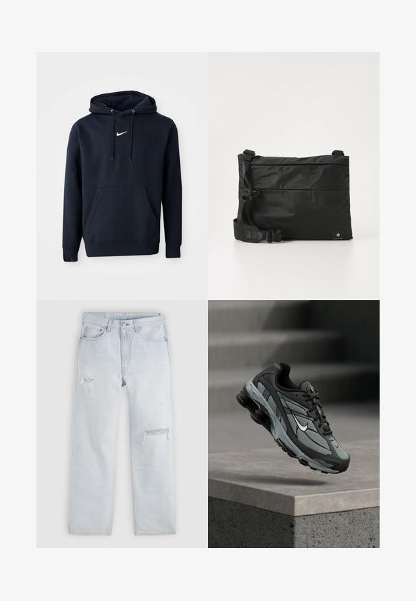 Námořnická modrá mikina s kapucí vyrobená z bavlněné směsi, obsahující klokaní kapsu, šňůrkovou kapuci a bílé logo Nike na hrudi.; Svetlomodré riflové nohavice s priamym strihom, zdobené opotrebovanými detailmi a vydreté oblasti. Štandardný dizajn s piatimi vreckami a kovovými nitmi.; Šedá a čierna športová teniska s panelmi z sieťoviny a hrubou podrážkou, umiestnená vo vzduchu nad betónovým obrubníkom a schodmi v pozadí.; Čierna nylonová taška cez rameno s nastaviteľným popruhom, plochým dizajnom a bočnou nálepkou s logom. Hladká textúra a minimalistický štýl.